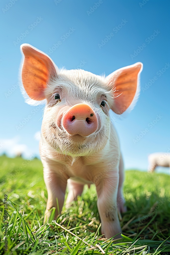 Closeup of a piglet on a grassy farm, bright blue sky background Closeup of a piglet on a grassy farm, bright blue sky background