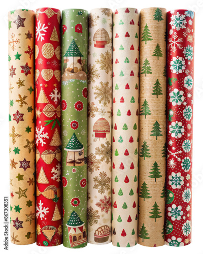 Assorted Christmas Gift Wrapping Paper Rolls. Features Various Festive Designs With Christmas Trees, Snowflakes, And Holiday Patterns. Isolated on transparent background, png.