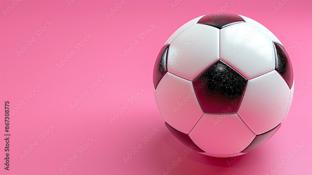 Soccer ball with black and white patches on a pink background