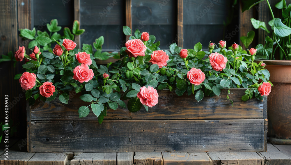 Rustic Potted Roses A rustic wooden planter box filled with pink roses, set on an outdoor ...