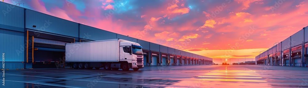 White truck parked at loading docks, vibrant sunset sky White truck parked at loading docks, vibrant sunset sky