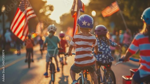 Colorful american Children's Parade with USA flag, happy Young Patriots Marching riding bicycle with Pride