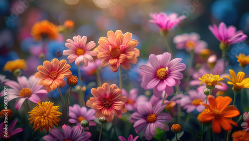 Colorful flowers in the garden, colorful daisies and chrysanthemums in a field of wildflowers. Craeted with Ai © Creative Stock 