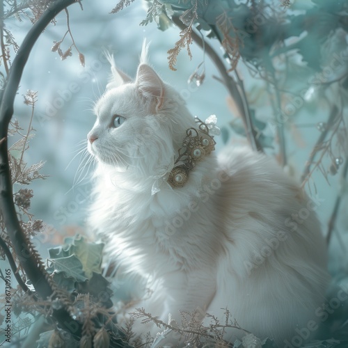 a pet cat that encapsulates fairytale-inspired, ethereal beauty. The pet cat should embody a sense of ethereal grace, beauty, and charm, creating an enchanting visual narrative. photo