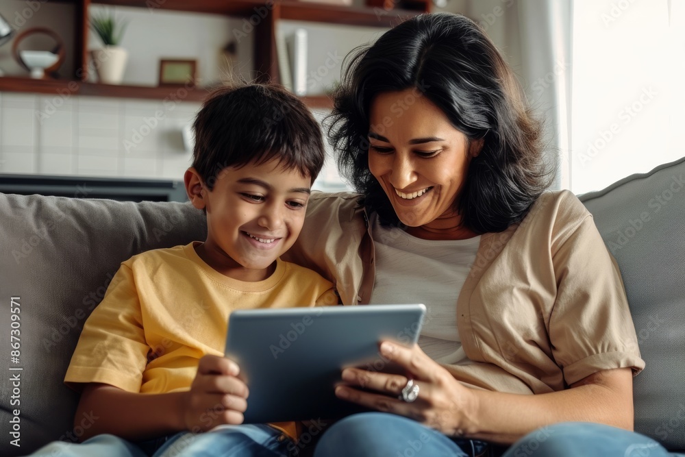 Smiling mother and son relaxing on couch, engrossed in tablet screen Smiling mother and son relaxing on couch, engrossed in tablet screen