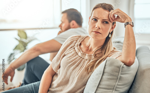 Tableau sur toile Couple, fighting and woman ignoring on sofa, marriage counselling and office for conflict resolution
