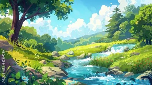 Scenic Summer Landscape of Flowing River, Lush Green Forest, and Blue Sky, Digital Art