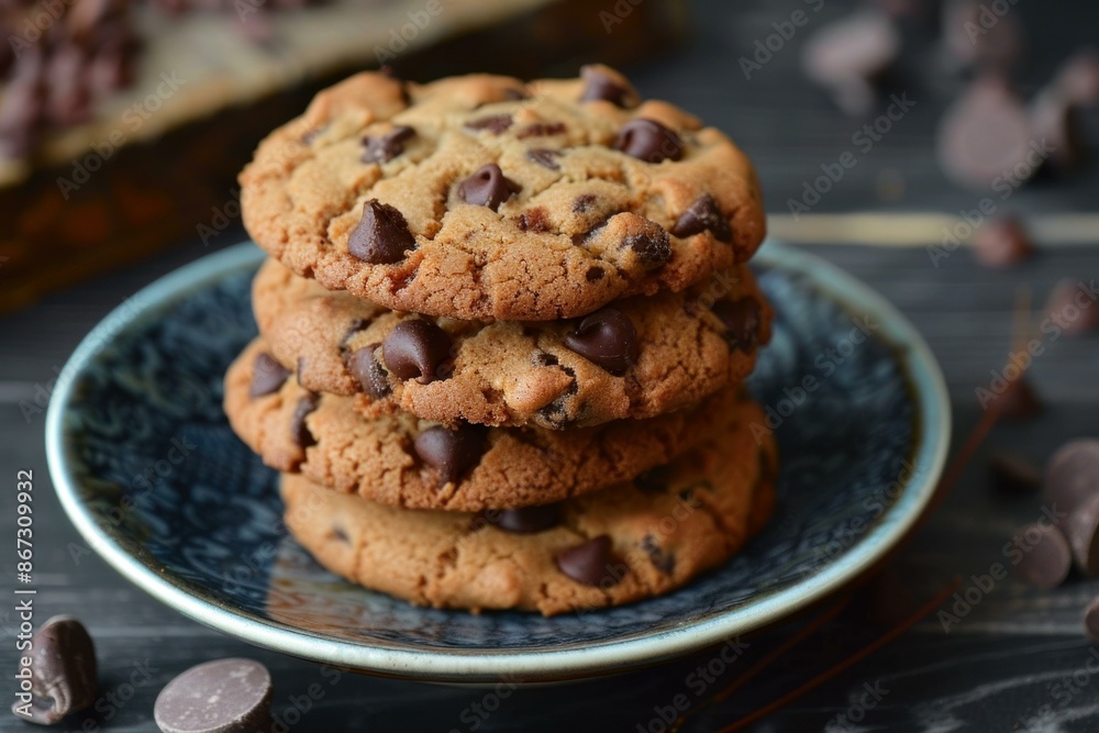 Freshly baked chocolate chip cookies stacked high on a blue plate