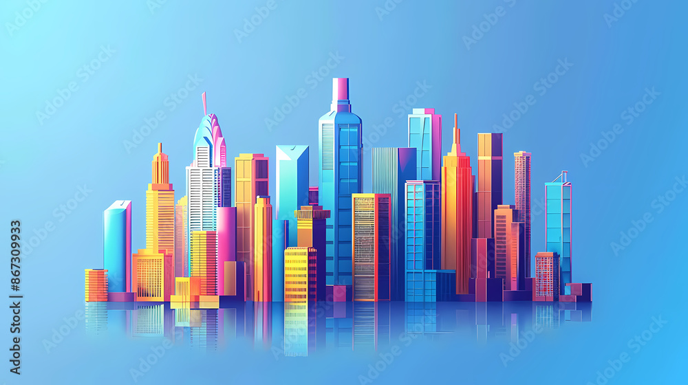 Colorful city skyline with tall buildings Colorful city skyline with tall buildings