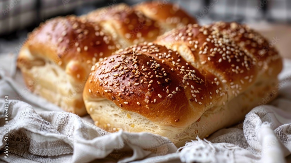 Homemade bread with sesame seeds on a fabric napkin Homemade bread with sesame seeds on a fabric napkin