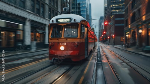 A stylish streetcar gliding along the tracks, blending tradition with modernity in urban transport