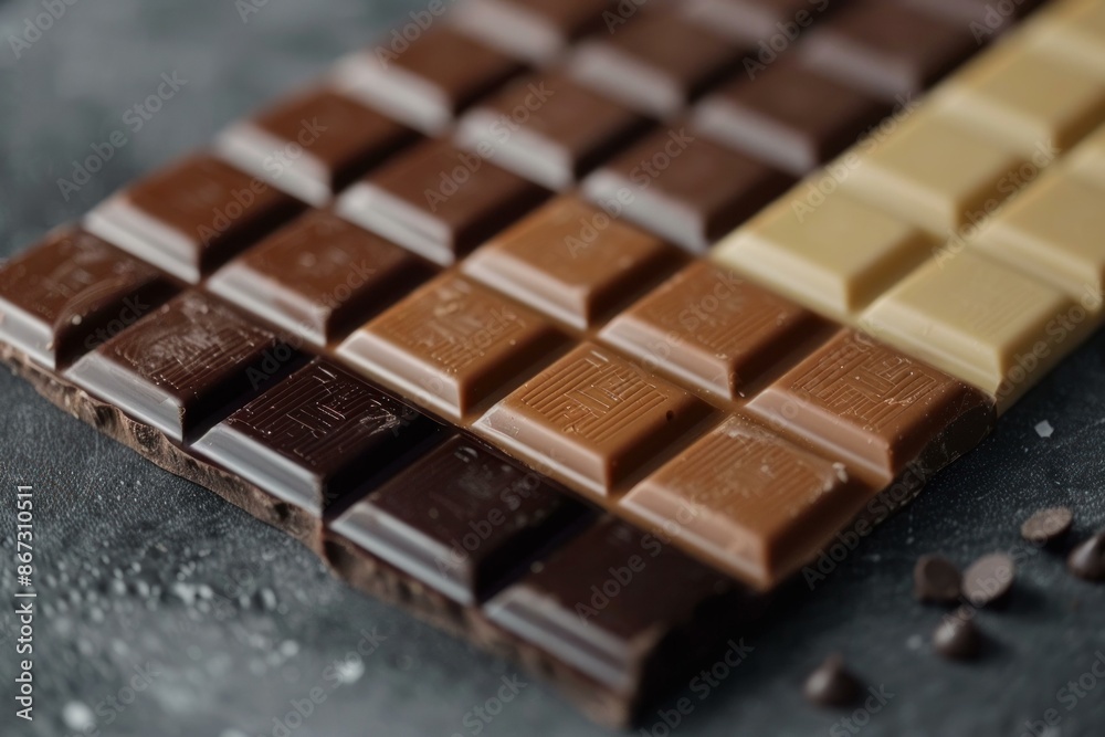 Chocolate bar is broken into pieces on gray background with some chocolate chips Chocolate bar is broken into pieces on gray background with some chocolate chips