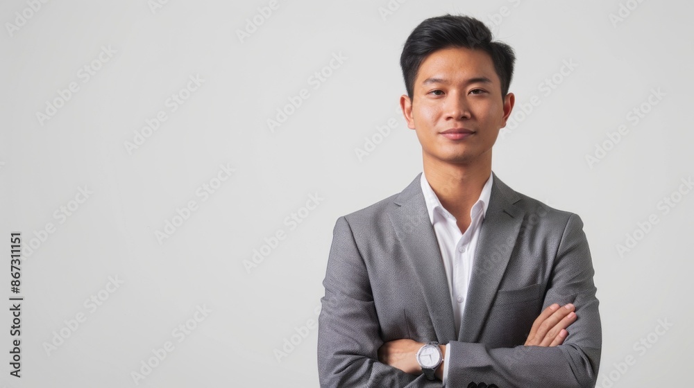 A young Asian businessman stands against a white background, arms crossed, exuding confidence A young Asian businessman stands against a white background, arms crossed, exuding confidence