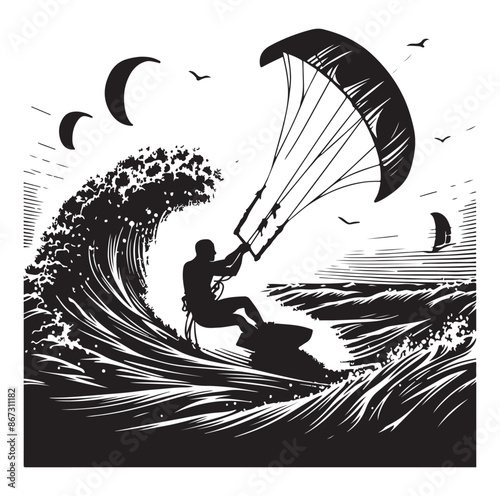 Kitesurfing Kite Surfing logo, silhouette vector on white background.