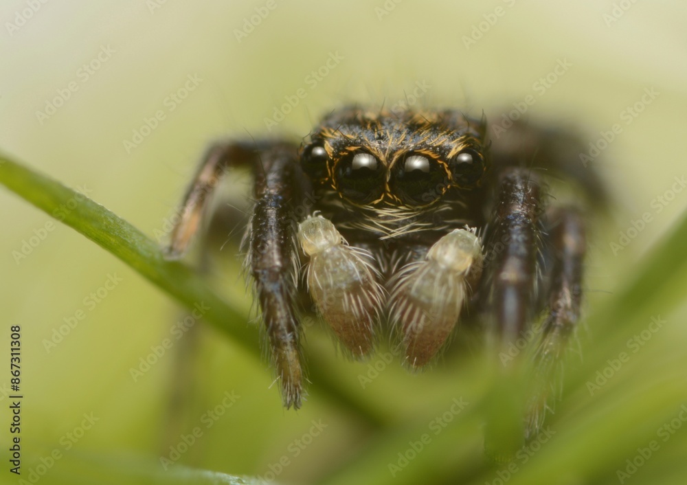 Salticidae Jumping - small spider stoped on top of a plant whit a green and yellow background Salticidae Jumping - small spider stoped on top of a plant whit a green and yellow background