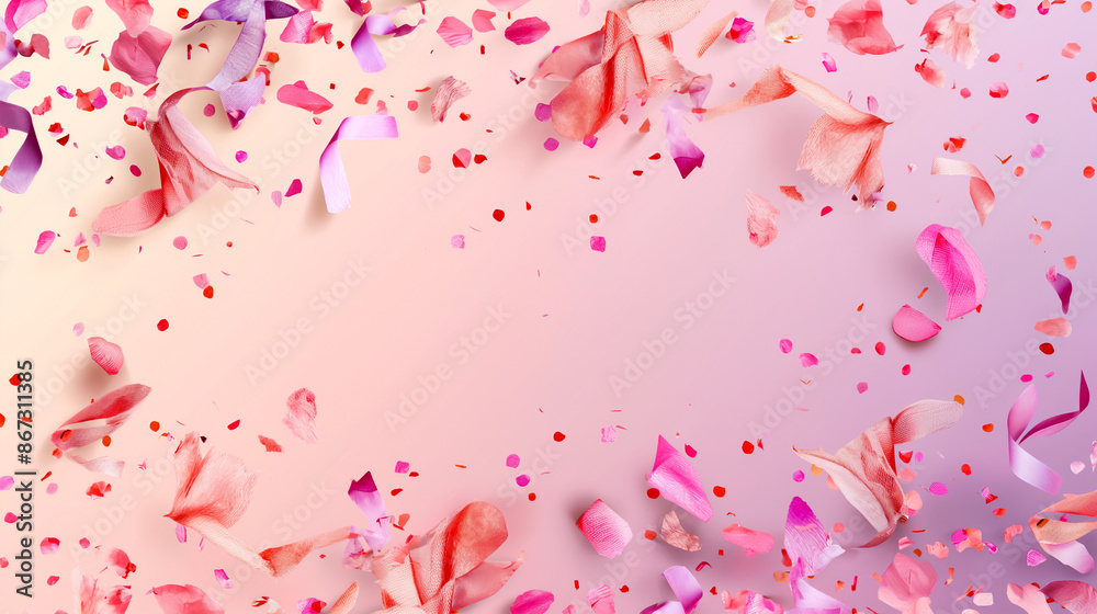 Falling pink and purple petals and ribbons on a soft gradient background. Generative AI Falling pink and purple petals and ribbons on a soft gradient background. Generative AI