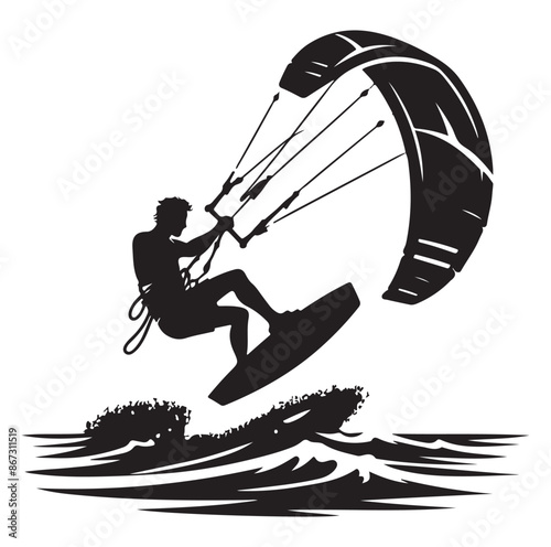 Kitesurfing Kite Surfing logo, silhouette vector on white background.