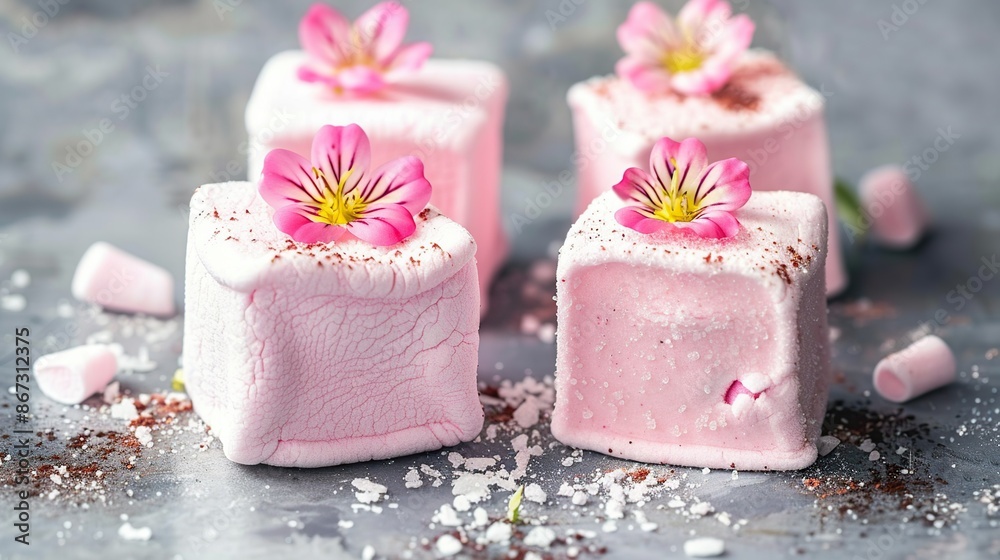 Pink Marshmallows Decorated with Flowers Pink Marshmallows Decorated with Flowers