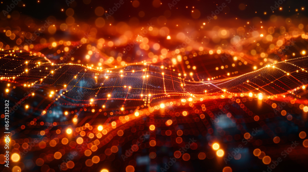 A bright orange wave with many small points of light. The image is of a wave with a lot of light shining on it. Abstract background. Microcurrents with orange splashes. A bright orange wave with many small points of light. The image is of a wave with a lot of light shining on it. Abstract background. Microcurrents with orange splashes.