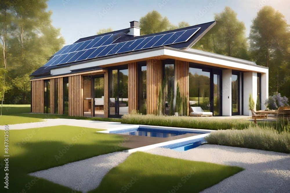 New modern eco friendly passive house with a photovoltaic system on the ...