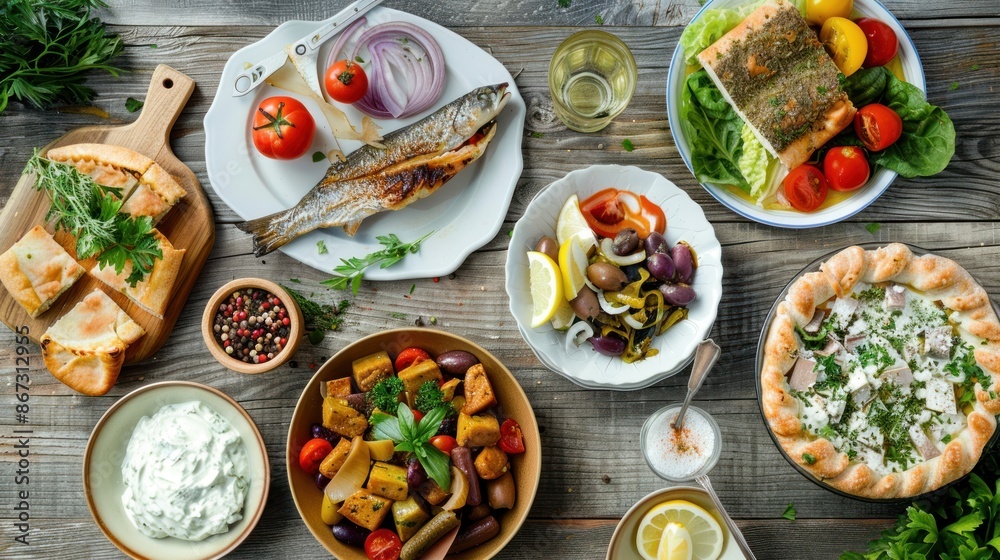 Collection of traditional dishes with a variety of delicious healthy and organic proteins background wallpaper AI generated image