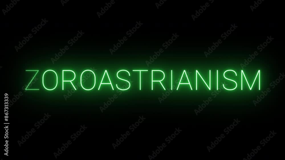 Flickering neon green glowing Zoroastrianism text animated on black background Flickering neon green glowing Zoroastrianism text animated on black background
