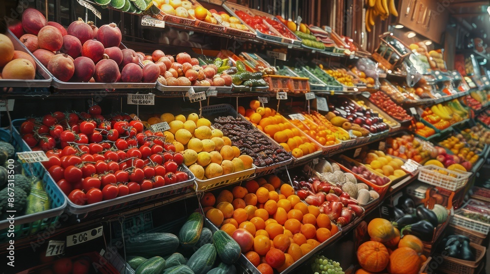 Variety of fresh fruit and vegetables for sale in the market local agricultural product background wallpaper AI generated image Variety of fresh fruit and vegetables for sale in the market local agricultural product background wallpaper AI generated image