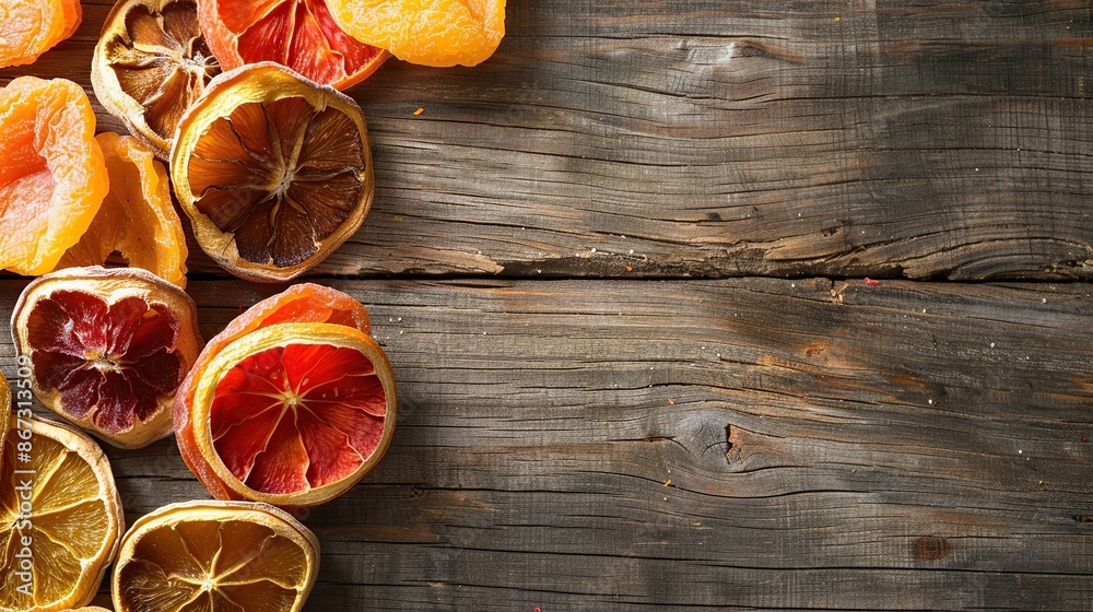 Dried Citrus Fruit on Rustic Wooden Background Dried Citrus Fruit on Rustic Wooden Background