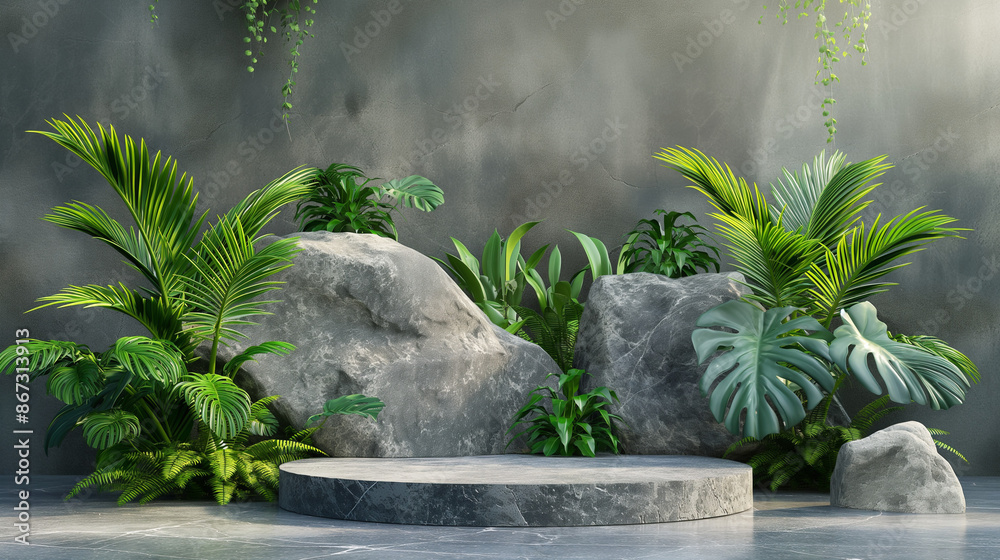 Stone pedestal in a lush green jungle setting. Copy space. Generative AI	