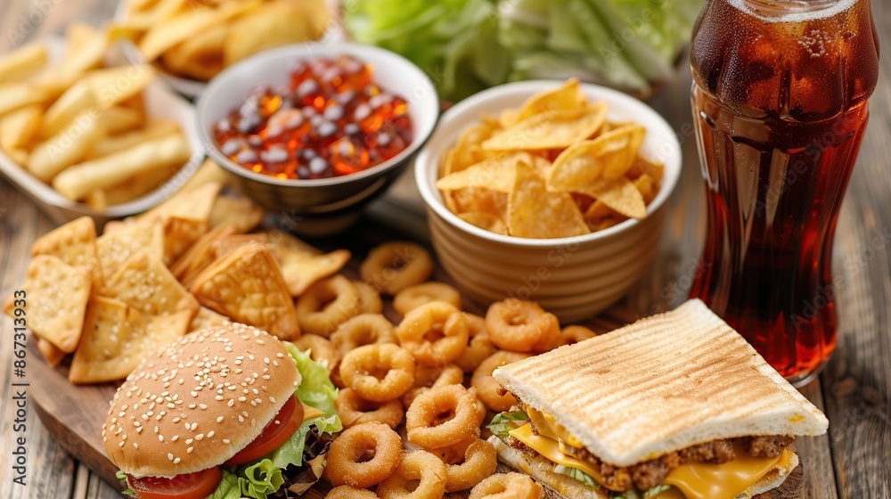 Fast Food Feast: A Table Spread of Burgers, Chips, and More Fast Food Feast: A Table Spread of Burgers, Chips, and More