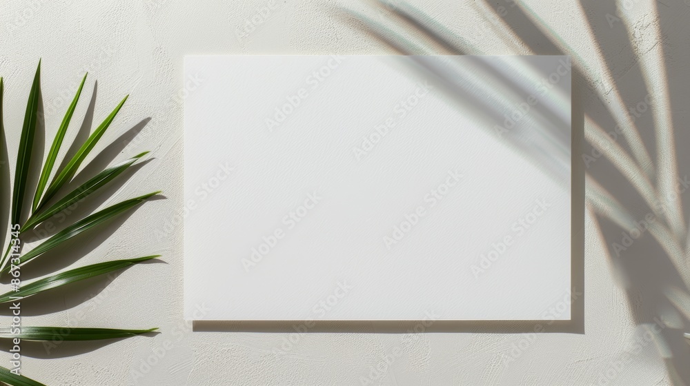 Vertical white textured paper sheets on gray table background, mockup with exotic plant shadows, natural light, horizontal orientation Vertical white textured paper sheets on gray table background, mockup with exotic plant shadows, natural light, horizontal orientation