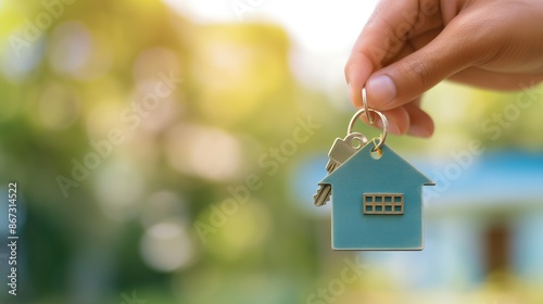 Hand holding a set of house keys with a new home in the background, new homeowner, real estate