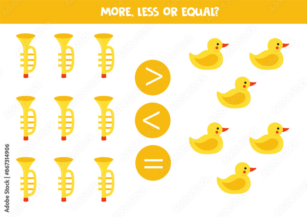 More, less, equal with toy flutes and rubber ducks. Colorful worksheet. More, less, equal with toy flutes and rubber ducks. Colorful worksheet.