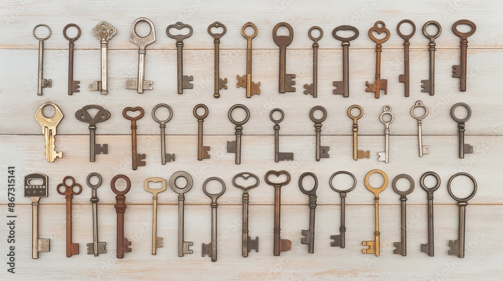 Collection of keys from different eras, historical evolution, diverse keys Collection of keys from different eras, historical evolution, diverse keys