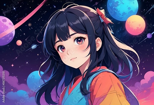 Anime character of beautiful girl short hair with space and planet background photo