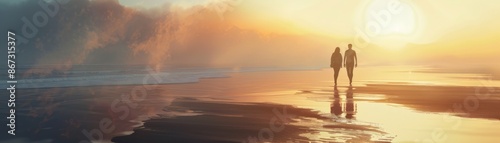 Relaxing silhouettes on a misty morning beach, gentle waves, fluid motion, soft light, soothing background