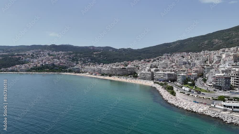 Aerial view of old town, castle and aqueduct in Kavala, Greece, Europe Aerial view of old town, castle and aqueduct in Kavala, Greece, Europe