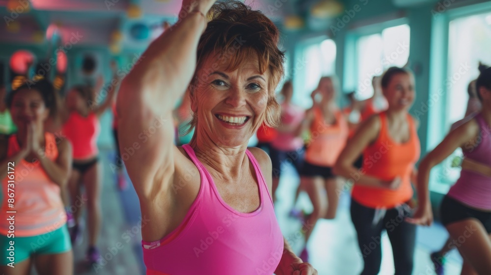 A group of women participate in a lively Zumba class, their smiles and movements filled with energy and joy A group of women participate in a lively Zumba class, their smiles and movements filled with energy and joy