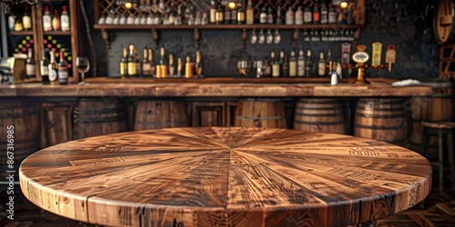 Stunning round wood table situated in a rustic bar setting, captured in high-definition 4K resolution with sharp focus photo