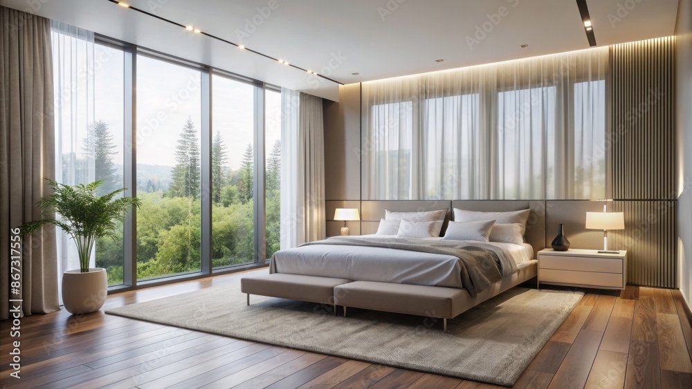 Sleek minimalist modern bedroom with large floor-to-ceiling window featuring simple white curtains and subtle natural light illuminating the vacant space. Sleek minimalist modern bedroom with large floor-to-ceiling window featuring simple white curtains and subtle natural light illuminating the vacant space.