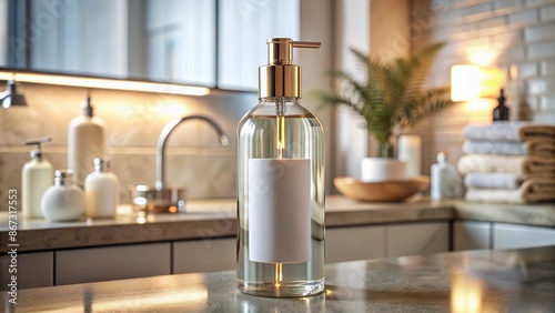 Sleek empty glass bottle with metallic cap positioned amidst calming blurred bathroom ambiance and soft lighting on vacant label area. © Wanlop