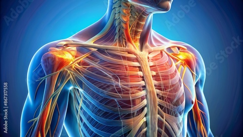 Illustration of human shoulder anatomy highlighting affected deltoid muscle and brachial plexus nerve pathways causing pain and discomfort. photo