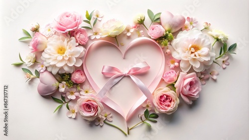 Delicate handcrafted heart-shaped symbol amidst pastel-hued flowers and gentle pink ribbons on soft white background conveys love and care.