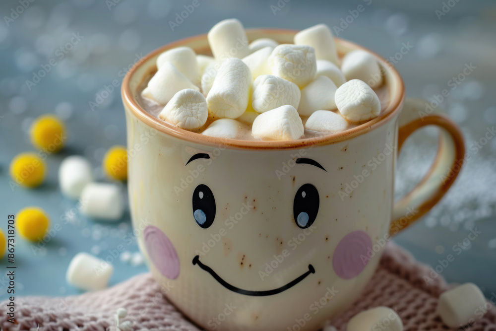 Kid's cocoa drink with marshmallows in a smiling mug. Children's party. Kid's cocoa drink with marshmallows in a smiling mug. Children's party.