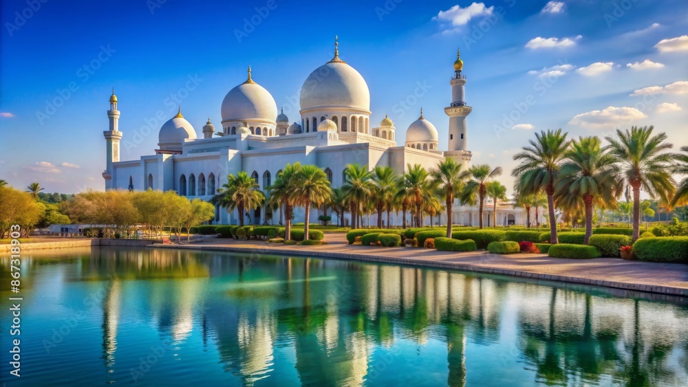 Fototapeta premium Iconic white dome museum surrounded by calm turquoise water and lush greenery on a serene sunny day in Abu Dhabi.