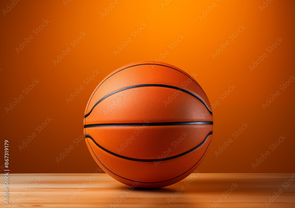 Basketball ball on the parquet floor on a flat orange background. Basketball ball on the parquet floor on a flat orange background.