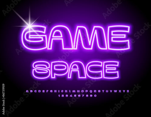 Vector neon poster Game Space. Glowing Violet Font. Stylish Alphabet Letters and Numbers set.