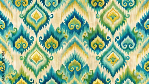 Vibrant, abstract ikat-inspired background featuring blurred, swirling patterns of blue, green, and yellow hues on a textured, cream-colored surface. photo