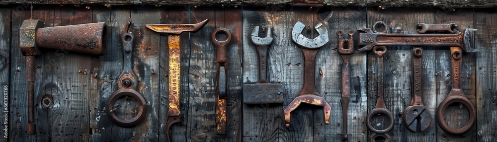 Old iron tools hanging on a weathered barn wall, showcasing their antique craftsmanship, rustic setting, earthy tones, high contrast, HDR photography Old iron tools hanging on a weathered barn wall, showcasing their antique craftsmanship, rustic setting, earthy tones, high contrast, HDR photography