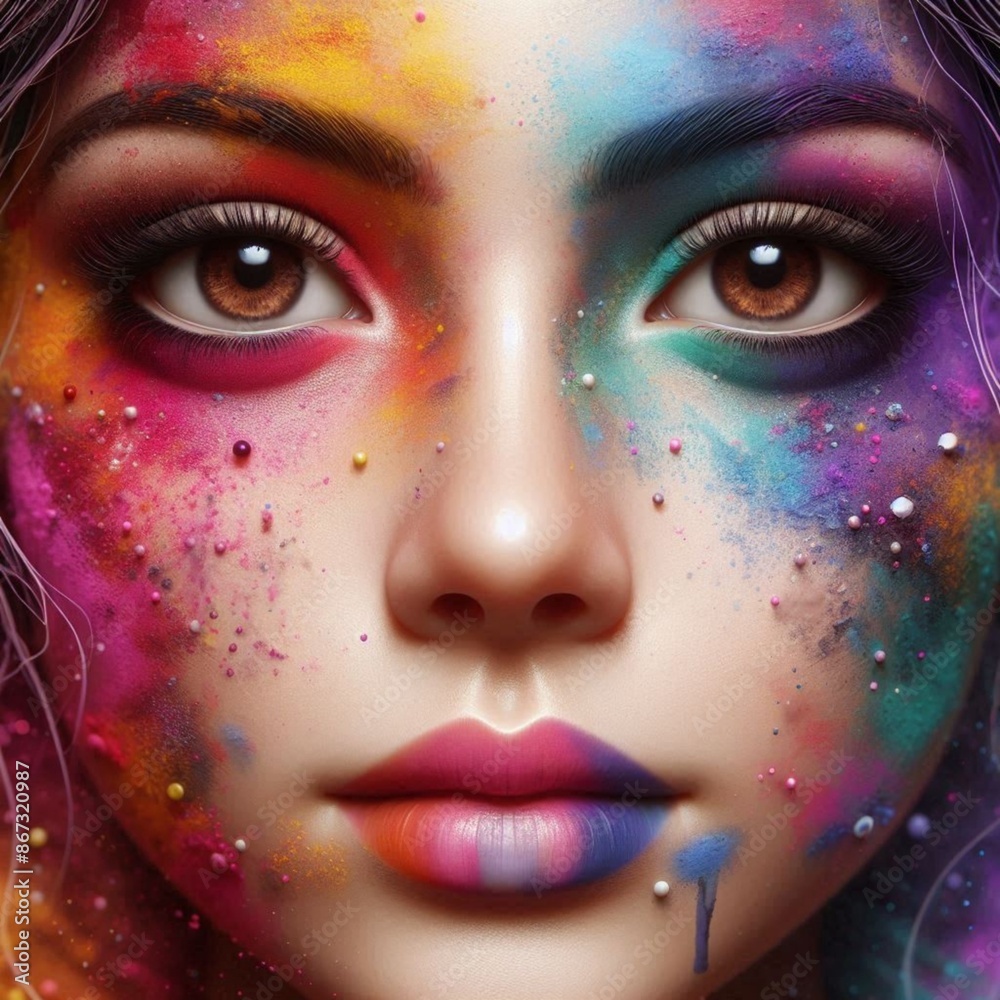 Close-Up of a Girl's Face Covered in Festive Colors, Featuring Her Glowing Brown Eyes Close-Up of a Girl's Face Covered in Festive Colors, Featuring Her Glowing Brown Eyes